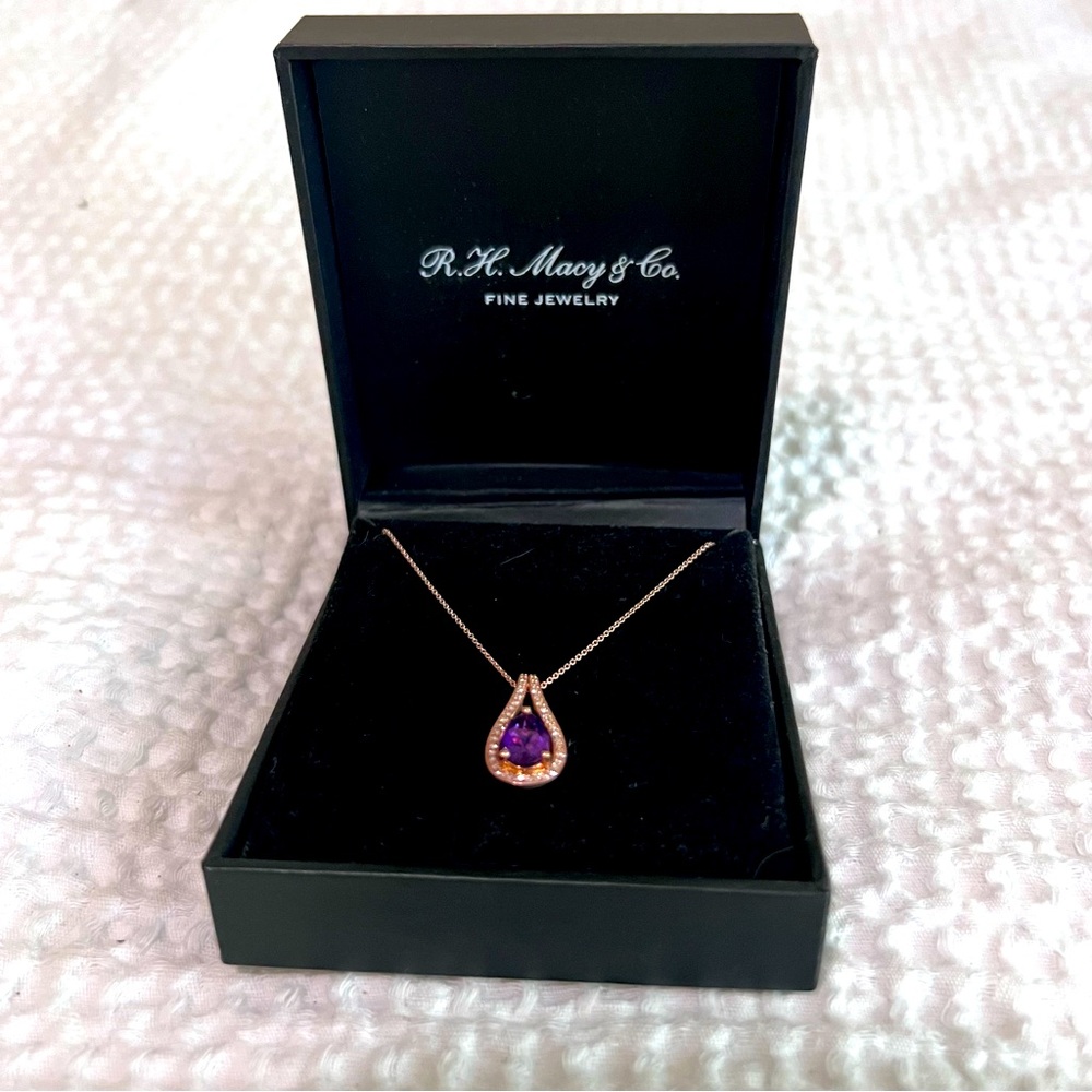 NWT Genuine Amethyst Diamond Rose Gold Necklace 14K